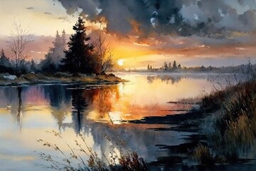 Fototapeta premium Beautiful sunset or sunrise illustration digital art design, generative ai