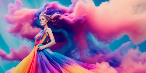 A beautiful young woman wearing a multicolor dress. Her dress and hair morph into colorful smokey clouds. Haute couture fashion art. Generative AI.