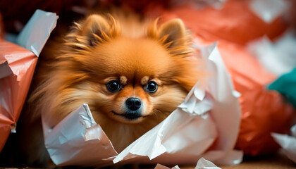Fototapeta na wymiar Cute Pomeranian dog surrounded by crumpled gift wrapping paper