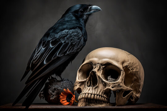 A black bird sitting on top of a skull. Crow. Death. Generative AI