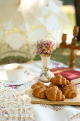picnic in nature in summer with croissants, book and flowers