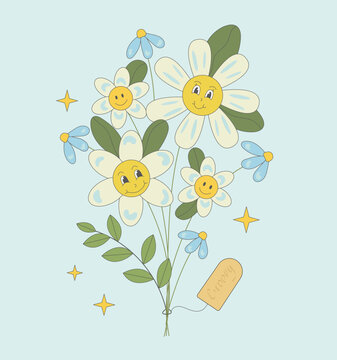 Groovy bouquet of flowers with characters on blue background. Hippie cartoon daisy.