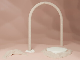 3D rendering of a template in beige tones, white cylindrical podium, arch and fragments of porous stone, wave shadow