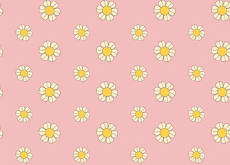 Floral pattern groovy daisy flowers on pink background. Style of the 60s, 70s, 80s