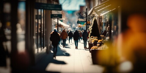 vue panoramique d'une rue commerçante avec effet tiltshift - generative ai - obrazy, fototapety, plakaty