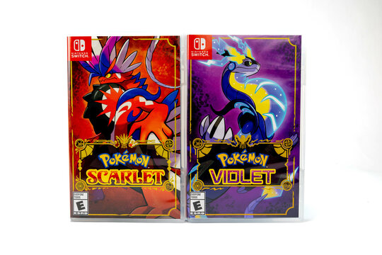 Fort Myers, FL, USA - 3-1-23: Pokemon Scarlet and Violet, Pokemon is a video game series published by the Pokemon Company and Nintendo for the Nintendo Switch. Isolated on a white background. 