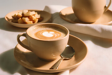 The warm, inviting tones of a beige fabric provide the backdrop for a stunning still life with a cup of latte - a perfect start to any day, thanks to AI.