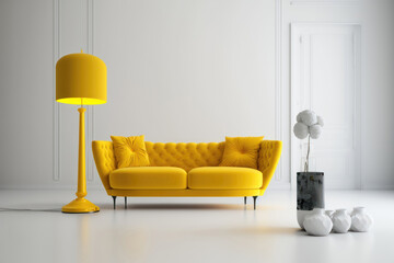 Modern living room with yellow sofa. A yellow sofa in a white room with a lamp on the floor. Generative AI