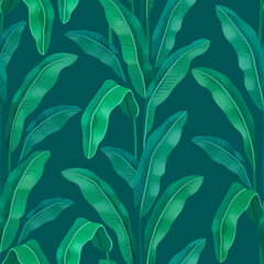 Hand painted illustration of Tropical leaves. Seamless pattern