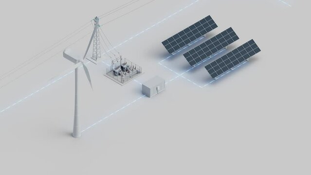 Wind turbine and solar panels connected to the substation and to the power grid. Electricity generated by the wind and solar is sent to the grid. Isometric view. Looping video.