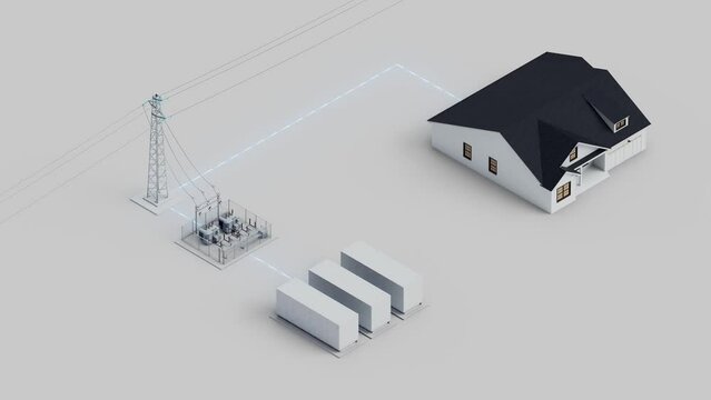 Energy storage connected to the power grid and to the house. Electricity flows from the energy storage to the house. The house is powered only by batteries. Isometric view. Looping video.