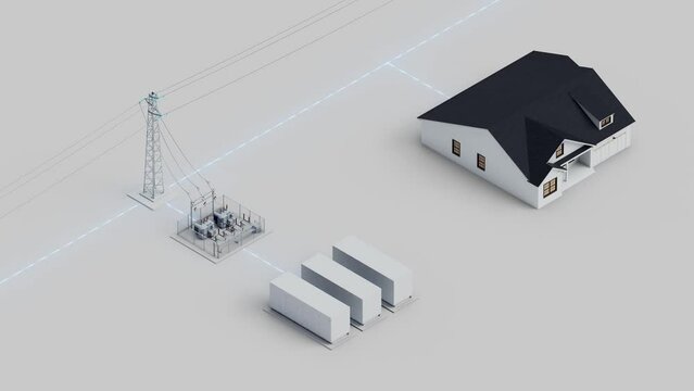 Energy storage connected to the power grid and to the house. Electricity flows through the power grid to the house and charges the batteries. Isometric view. Looping video.