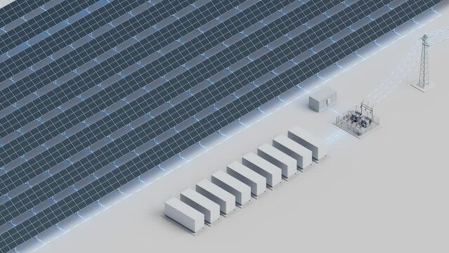 A big solar farm connected to the power grid and to battery storage. Electricity flows from solar panels to a power grid and charges (stored in) the batteries. Isometric view. Looping video.