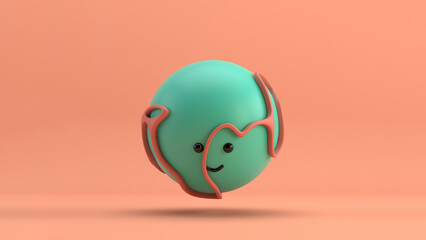 3D illustration of a cute smiling sphere surrounded by an organic orange structure, floating over a minimal orange background. Playful and modern realistic toy minimalist horizontal representation