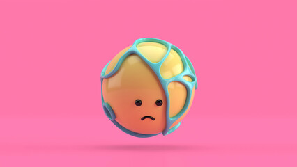 3D illustration of a cute sad yellow sphere surrounded by an organic blue structure, floating over a minimal pink background. Playful and modern realistic toy horizontal