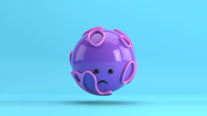 3D illustration of a cute sad urple sphere surrounded by an organic pink structure, floating over a minimal blue background. Playful and modern realistic toy horizontal