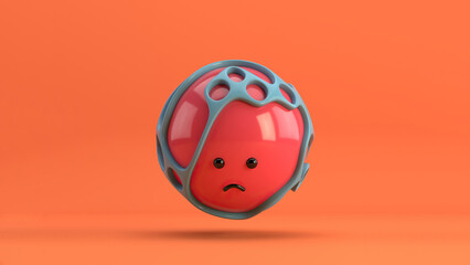 3D illustration of a cute sad red sphere surrounded by an organic blue structure, floating over a minimal orange background. Playful and modern realistic toy horizontal