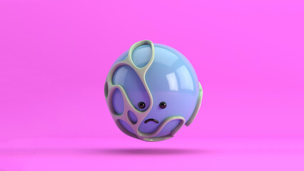 3D illustration of a cute sad blue sphere surrounded by an organic structure, floating over a minimal pink background. Playful and modern realistic toy horizontal