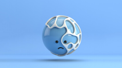 3D illustration of a cute sad blue sphere surrounded by an organic white structure, floating over a minimal blue background. Playful and modern realistic toy horizontal