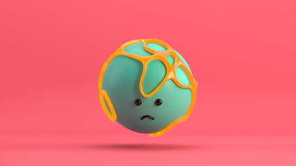 3D illustration of a cute neon sad sphere surrounded by an organic orange structure, floating over a minimal pink background. Playful and modern realistic toy horizontal