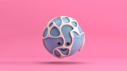 3D illustration of a cute smiling character series sphere surrounded by an organic white structure, floating over a minimal pink background. Playful and modern realistic toy minimalist horizontal