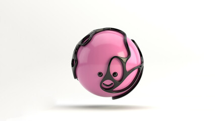3D illustration of a cute smiling character series pink sphere surrounded by an organic black structure, floating over a minimal white background. Playful and modern realistic toy horizontal