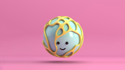 3D illustration of a cute smiling character series sphere surrounded by an organic yellow structure, floating over a minimal pink background. Playful and modern realistic toy minimalist horizontal