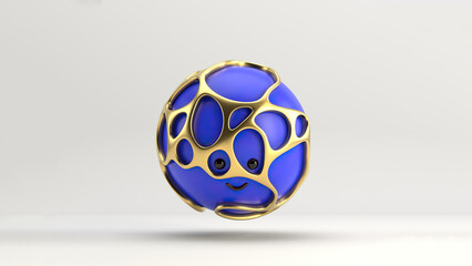 3D illustration of a cute smiling sphere surrounded by an organic golden structure, floating over a minimal white background. Playful and modern realistic toy minimalist horizontal