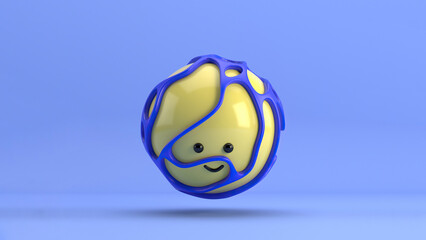 3D illustration of a cute smiling character series  sphere surrounded by an organic blue structure, floating over a minimal blue background. Playful and modern realistic toy minimalist horizontal
