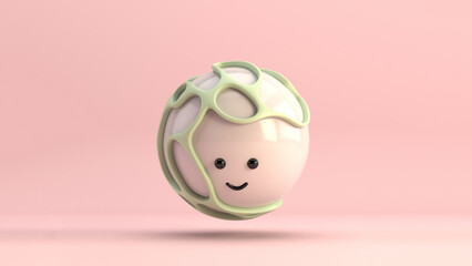 3D illustration of a cute smiling character series sphere surrounded by an organic yellow structure, floating over a minimal pink background. Playful and modern realistic toy minimalist horizontal