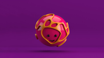 3D illustration of a cute smiling character series sphere surrounded by an organic orange structure, floating over a minimal purple background. Playful and modern realistic toy minimalist horizontal