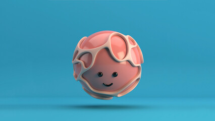 3D illustration of a cute smiling character series sphere surrounded by an organic nude structure, floating over a minimal blue background. Playful and modern realistic toy minimalist horizontal