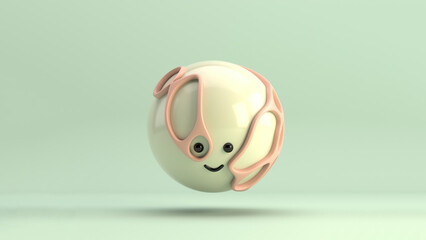 3D illustration of a cute smiling character series sphere surrounded by an organic nude structure, floating over a minimal pistacho background. Playful and modern realistic toy minimalist horizontal
