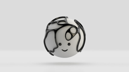 3D illustration of a cute smiling character series sphere surrounded by an organic black structure, floating over a minimal white background. Playful and modern realistic toy minimalist horizontal