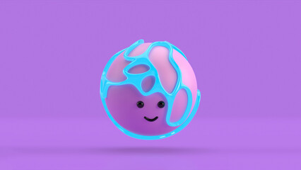 3D illustration of a cute smiling character series sphere surrounded by an organic blue structure, floating over a minimal purple background. Playful and modern realistic toy minimalist horizontal