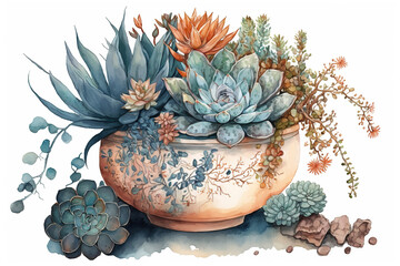 Succulents cactus in a pot watercolor, Generative AI