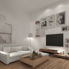 Light living room interior with furniture, couch, pillows and emoty white mock up banner on wall, wooden flooring. 3D Rendering - generative ai