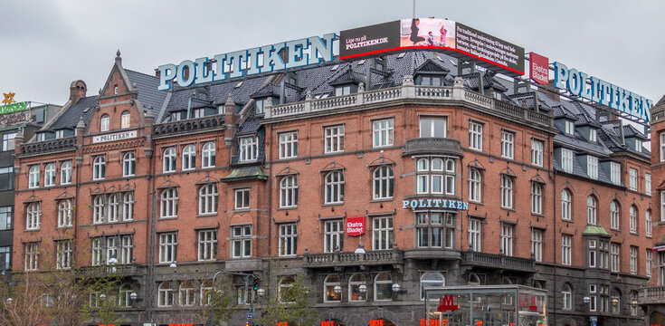 Copenhagen, Denmark - 12 Dec 2020: Politiken building in Copenhagen. Politiken is a leading Danish daily broadsheet newspaper, published by JP/Politikens Hus in Copenhagen