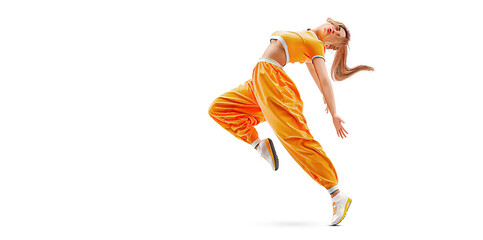 Realistic silhouette of a young hip-hop dancer, breake dancing woman isolated on white background.
