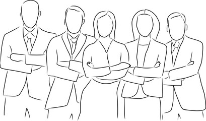 Business team, vector. Hand drawn sketch. The company of several people, men and women in business clothes.
