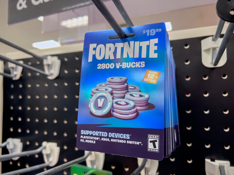 Lynnwood, WA USA - Circa February 2023: Close Up View Of Fortnite V Bucks Cards For Sale Inside A Target Retail Store.