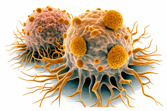 Cancer Cells destroyed by oncogenic virus, cell modifying virus, biological therapy agents. 3D rendering Medicine healthy. Generative ai