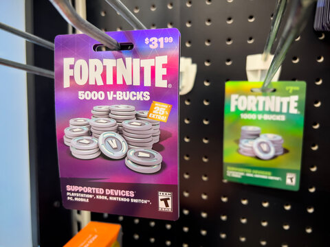 Lynnwood, WA USA - Circa February 2023: Close Up View Of Fortnite V Bucks Cards For Sale Inside A Target Retail Store.