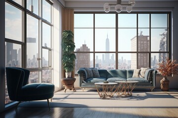 Luxury penthouse living room interior with large glass windows overlooking city buildings, Generative AI