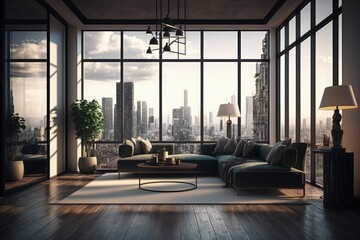Luxury penthouse living room interior with large glass windows overlooking city buildings, Generative AI - obrazy, fototapety, plakaty