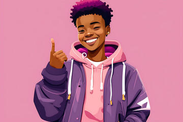 Flat vector illustration Young happy hipster african american teen student wearing pink hoodie on purple background. Cool smiling Gen Z teenage model smiling, showing ok gesture, winking,  …  