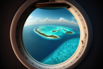 Obraz na płótnie Canvas Airplane window close up, Looking at tropical island through airplane window, Generative AI