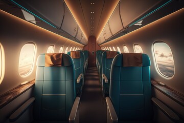 Fototapeta premium Modern commercial airplane aisle with armchairs and windows, Generative AI