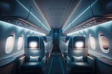 Modern commercial airplane aisle with armchairs and windows, Generative AI