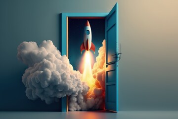 Rocket coming out of open door isolated on blue background, startup concept, Generative AI

